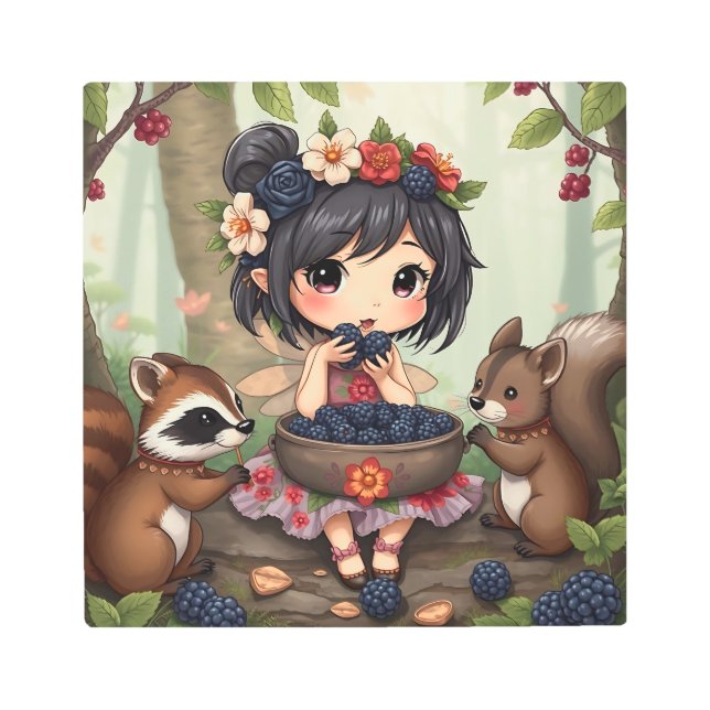 Chibi Fairy Eating Blackberries with Forest Friend Metal Print (Front)