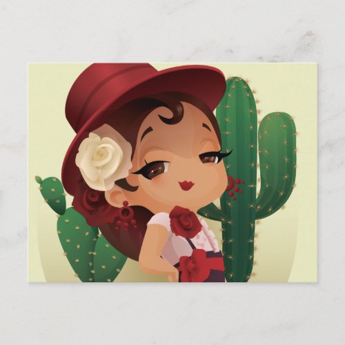 Chibi flamenco in spanish hat and cactuses postcard