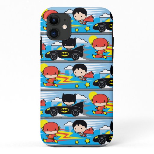 Chibi Flash, Superman, and Batman Racing Pattern iPhone 11 Case