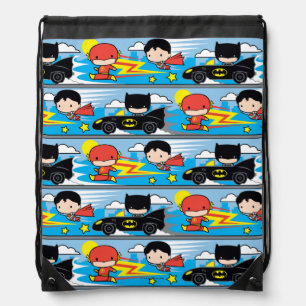 Chibi Flash, Superman, and Batman Racing Pattern Drawstring Bag