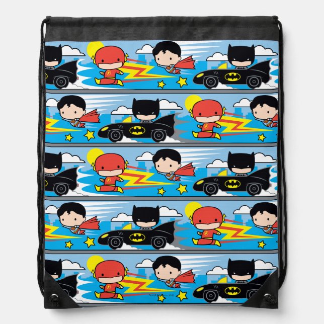 Chibi Flash, Superman, and Batman Racing Pattern Drawstring Bag (Front)