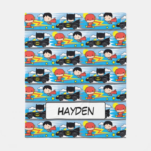 Chibi Flash, Superman, and Batman Racing Pattern Fleece Blanket (Front)