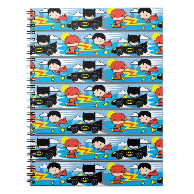 Chibi Flash, Superman, and Batman Racing Pattern Notebook (Front)