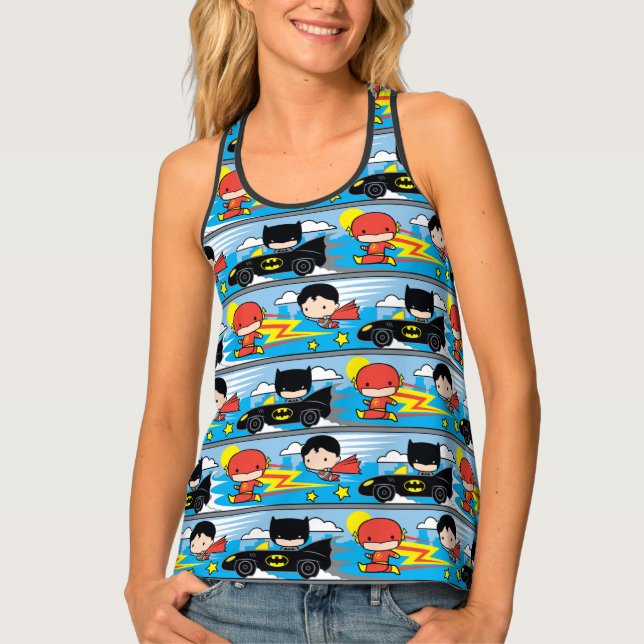 Chibi Flash, Superman, and Batman Racing Pattern Tank Top (Front)