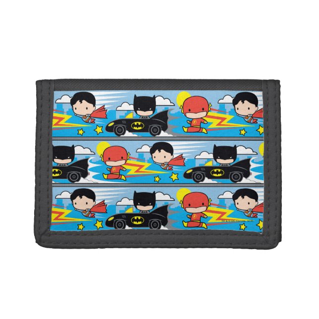 Chibi Flash, Superman, and Batman Racing Pattern Trifold Wallet (Front)