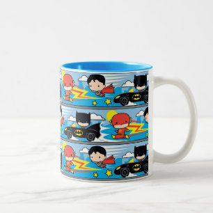 Chibi Flash, Superman, and Batman Racing Pattern Two-Tone Coffee Mug