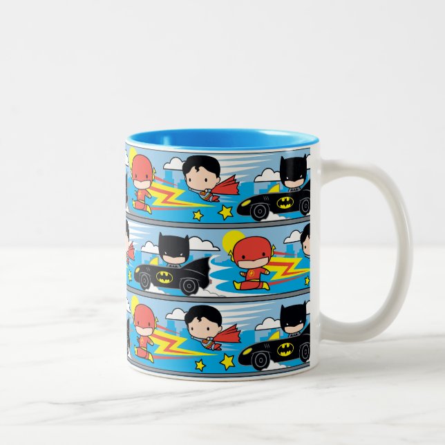Chibi Flash, Superman, and Batman Racing Pattern Two-Tone Coffee Mug (Right)
