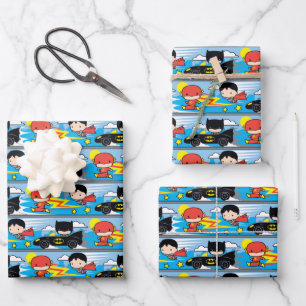 Chibi Flash, Superman, and Batman Racing Pattern Wrapping Paper Sheets