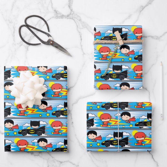 Chibi Flash, Superman, and Batman Racing Pattern Wrapping Paper Sheets (Front)
