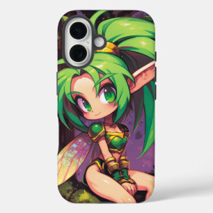 Chibi Forest Pixie at Dusk — Emerald Wings iPhone 16 Case