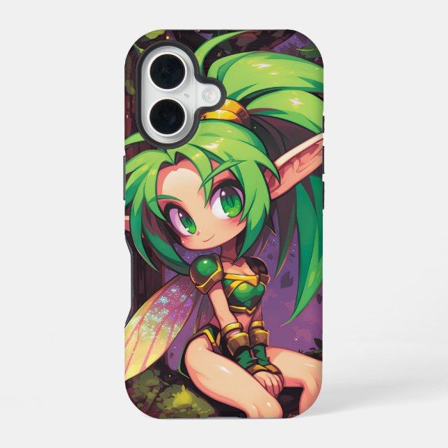 Chibi Forest Pixie at Dusk — Emerald Wings Iphone Case (Back)