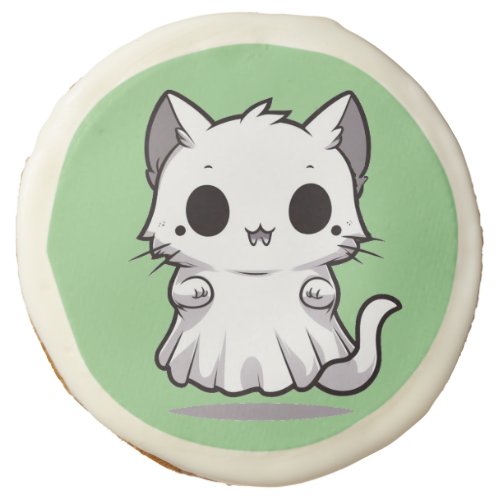 Chibi Ghost Cat Green Background Trick or Treat Sugar Cookie