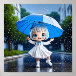 Chibi girl dancing in the rain poster