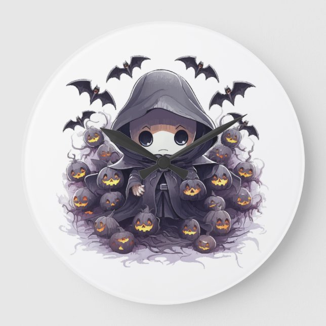 Chibi Grim Reaper Halloween - Adorable Dark Fantas Large Clock (Front)