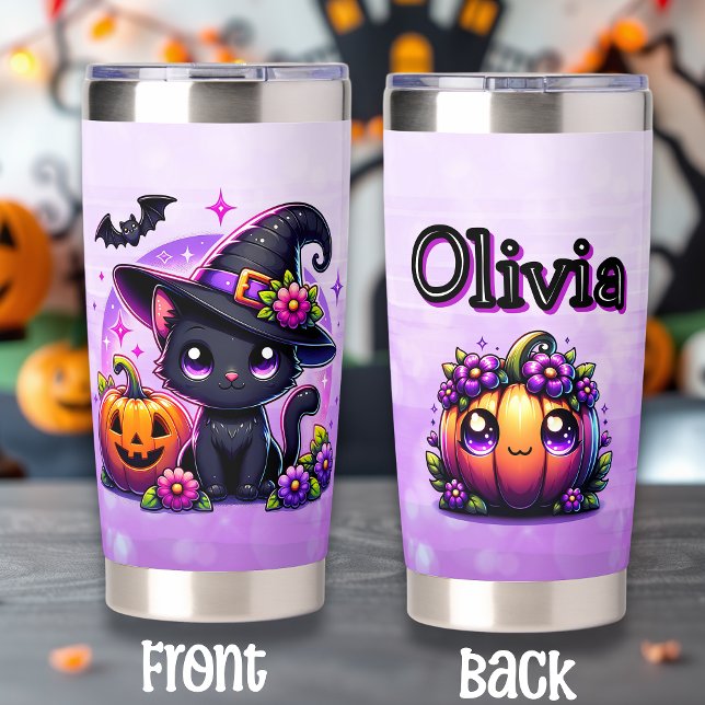 Chibi Halloween Black Cat and Pumpkin Personalized Insulated Tumbler (Creator Uploaded)