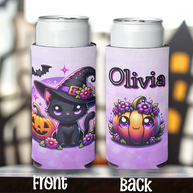Chibi Halloween Black Cat and Pumpkin Personalized Seltzer Can Cooler (Creator Uploaded)