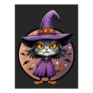 Chibi Halloween Witch Cat Poster