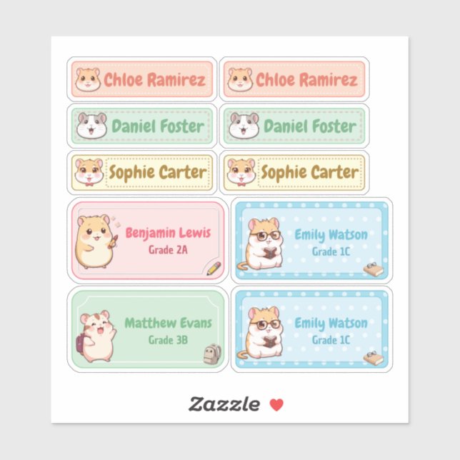 Chibi Hamster Name Labels – Pastel School Stickers (Sheet)