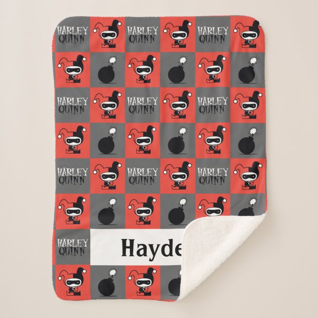 Chibi Harley Quinn Checker Pattern Sherpa Blanket (Front)