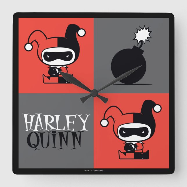 Chibi Harley Quinn Checker Pattern Square Wall Clock (Front)