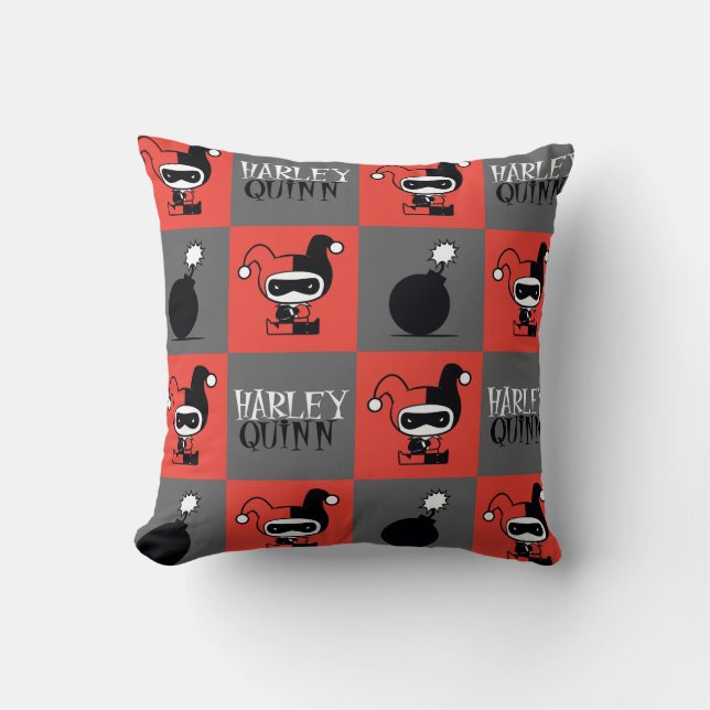 Chibi Harley Quinn Checker Pattern Throw Pillow (Front)