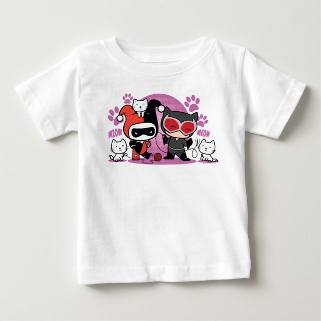 Chibi Harley Quinn & Chibi Catwoman With Cats Baby T-Shirt (Front)
