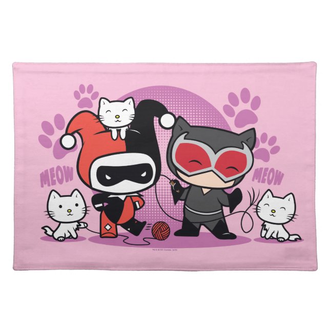 Chibi Harley Quinn & Chibi Catwoman With Cats Cloth Placemat (Front)