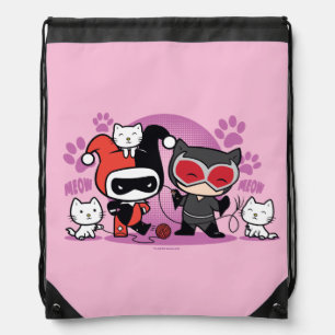 Chibi Harley Quinn & Chibi Catwoman With Cats Drawstring Bag