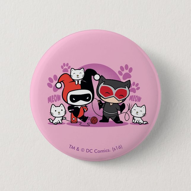 Chibi Harley Quinn & Chibi Catwoman With Cats Pinback Button (Front)