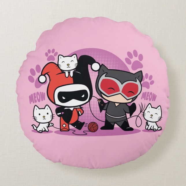 Chibi Harley Quinn & Chibi Catwoman With Cats Round Pillow (Front)