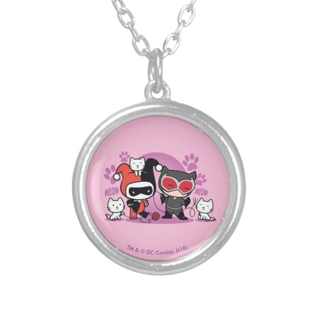 Chibi Harley Quinn & Chibi Catwoman With Cats Silver Plated Necklace (Front)