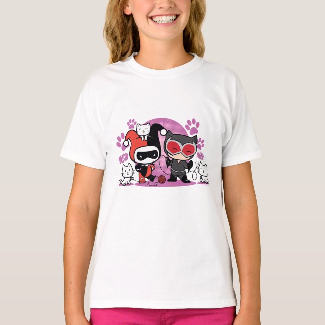 Chibi Harley Quinn & Chibi Catwoman With Cats T-Shirt (Front)