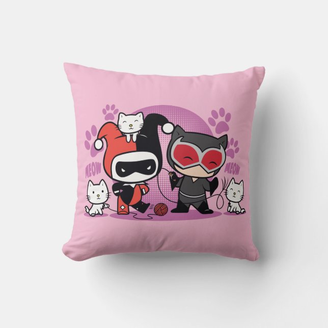 Chibi Harley Quinn & Chibi Catwoman With Cats Throw Pillow (Front)
