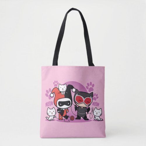 Chibi Harley Quinn  Chibi Catwoman With Cats Tote Bag