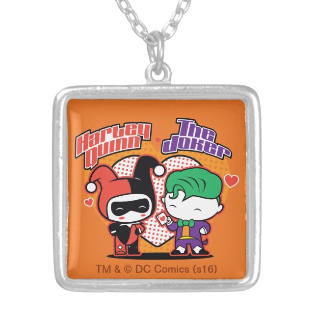 Chibi Harley Quinn & Chibi Joker Hearts Silver Plated Necklace (Front)