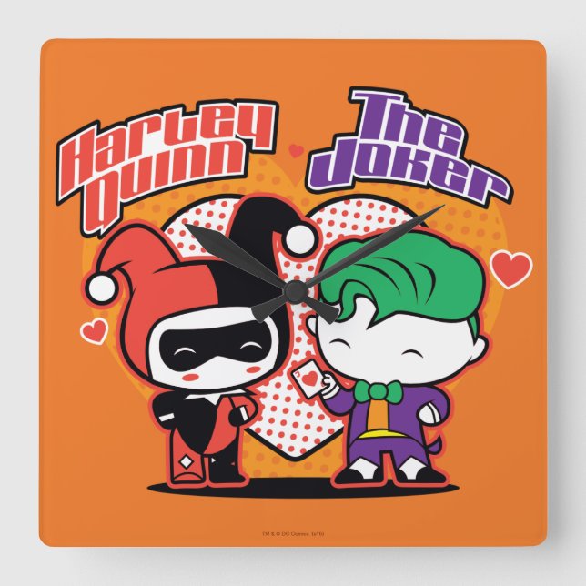 Chibi Harley Quinn & Chibi Joker Hearts Square Wall Clock (Front)