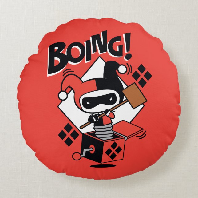 Chibi Harley-Quinn-In-A-Box With Hammer Round Pillow (Front)