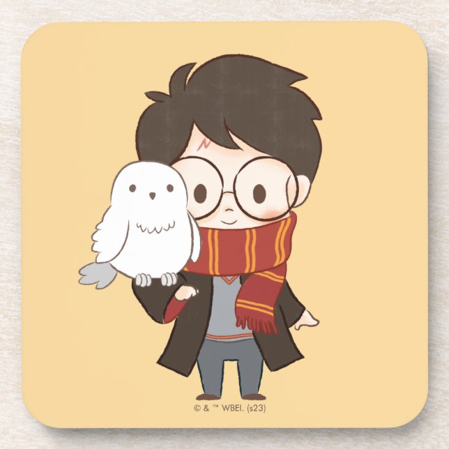 Chibi HARRY POTTER™ & Hedwig Beverage Coaster (Front)