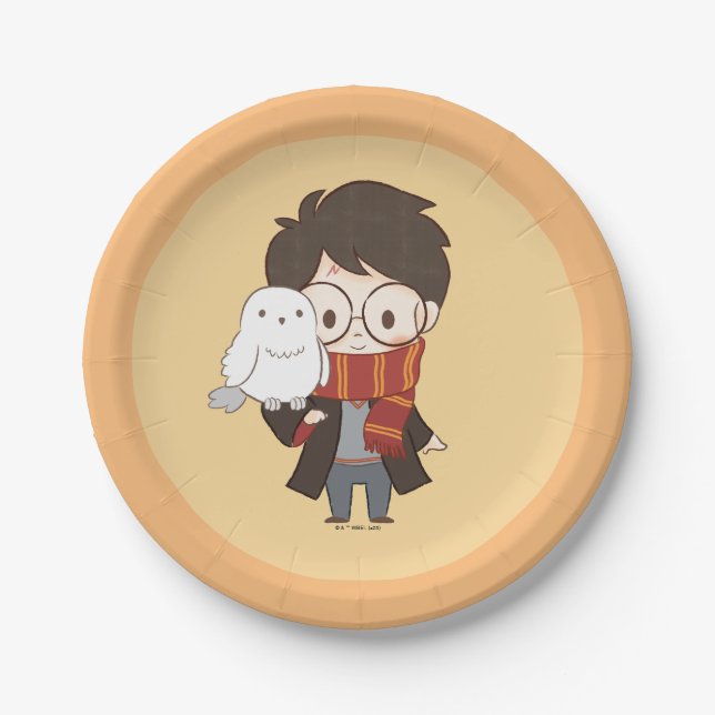 Chibi HARRY POTTER™ & Hedwig Paper Plates (Front)