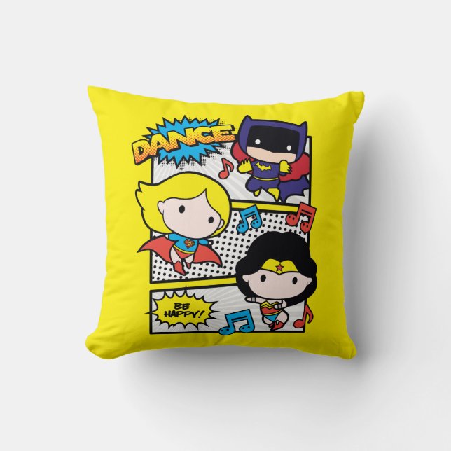 Chibi Heroes Dancing Throw Pillow (Front)