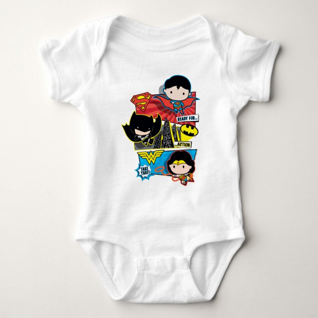 Chibi Heroes Ready For Action! Baby Bodysuit (Front)
