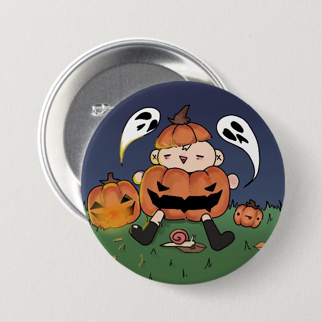 Chibi in Pumpkin Costume, Halloween Theme Button (Front & Back)