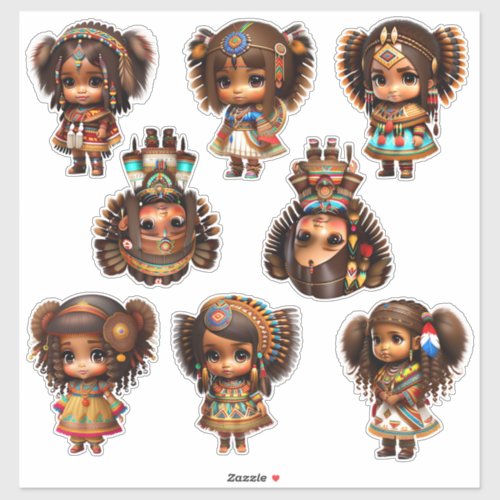 Chibi Indian Girls Set of 8 Large Vinyl Stickers