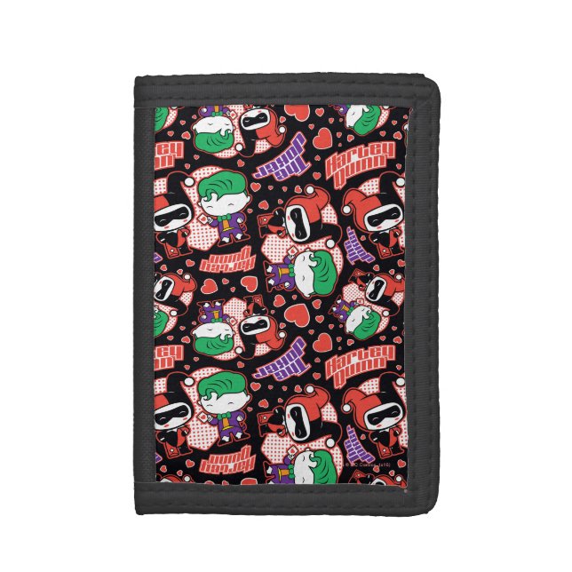 Chibi Joker and Harley Heart Pattern Trifold Wallet (Front Vertical)