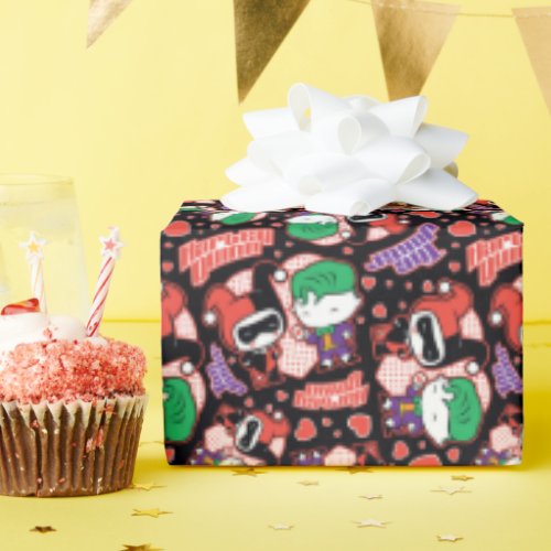 Chibi Joker and Harley Heart Pattern Wrapping Paper