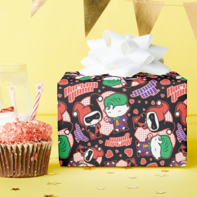 Chibi Joker and Harley Heart Pattern Wrapping Paper (Birthday Party)