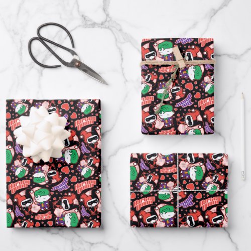 Chibi Joker and Harley Heart Pattern Wrapping Paper Sheets