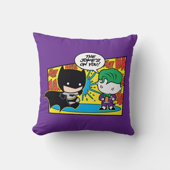 Chibi Joker Pranking Chibi Batman Throw Pillow (Front)