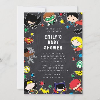 Chibi Justice League Chalkboard Baby Shower Invitation by justiceleague at Zazzle