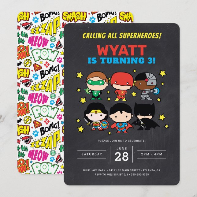 Chibi Justice League Chalkboard Birthday Invitatio Invitation (Front/Back)